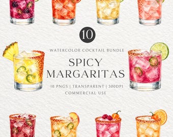 Spicy Margarita Watercolor Cocktail Bundle, 10 PNGs (Digital Download)