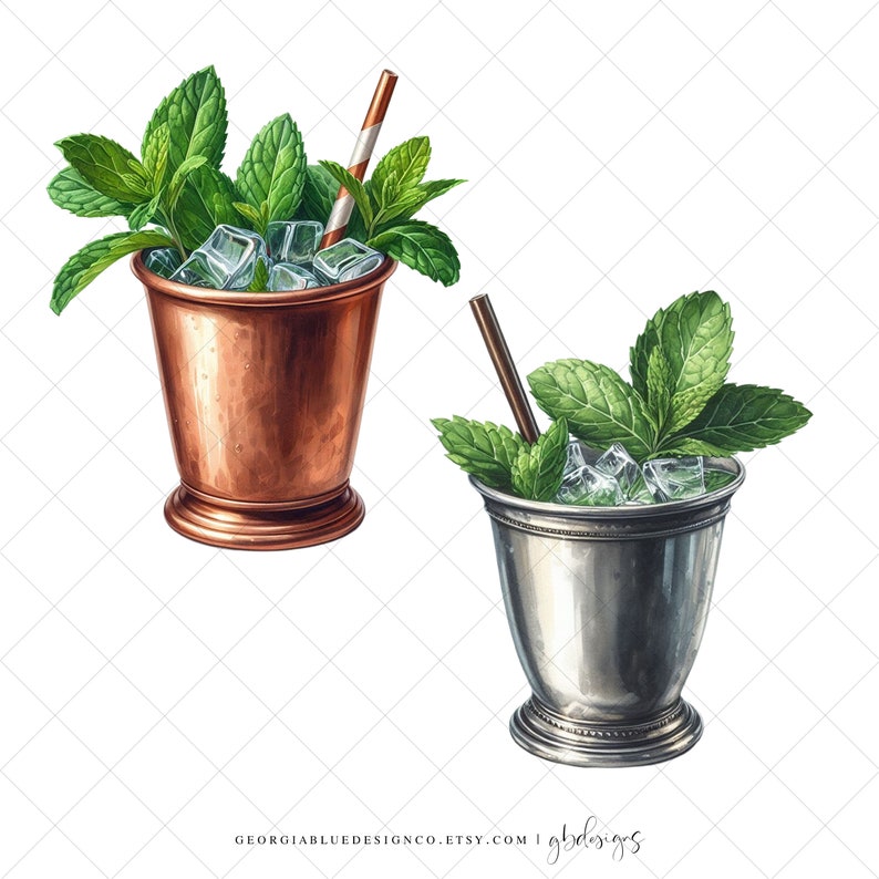 May include: Two watercolor illustrations of classic copper and silver Moscow Mule mugs with fresh mint leaves and ice cubes.  The mugs are both filled with ice and mint leaves, and one has a red and white striped straw.
