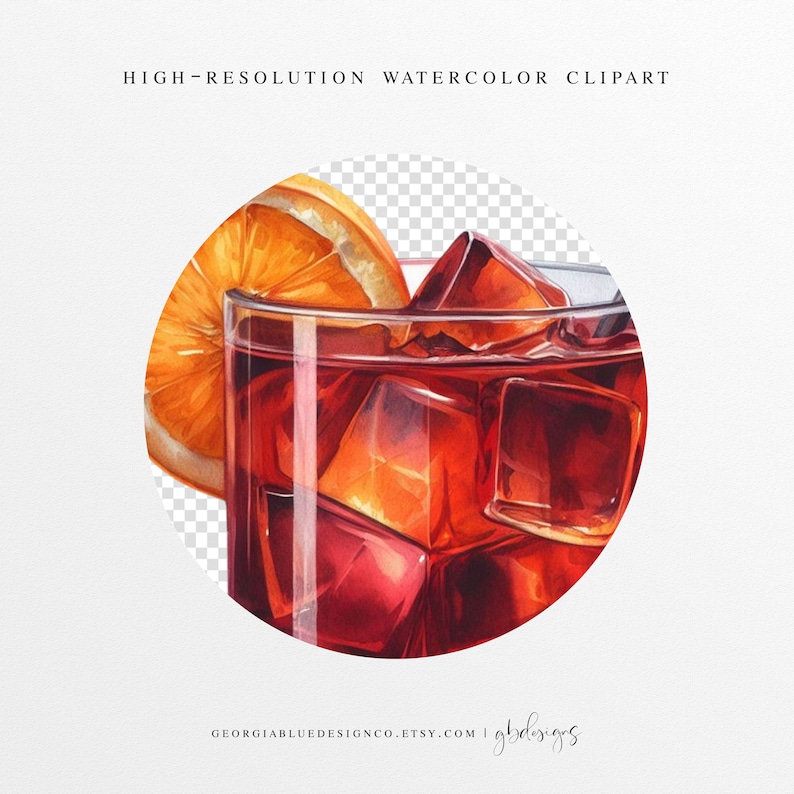 May include: Watercolor illustration of a glass of red wine with ice cubes and an orange slice garnish. The glass is filled with a dark red liquid and the ice cubes are translucent. The orange slice is a bright orange color and is partially submerged in the liquid.