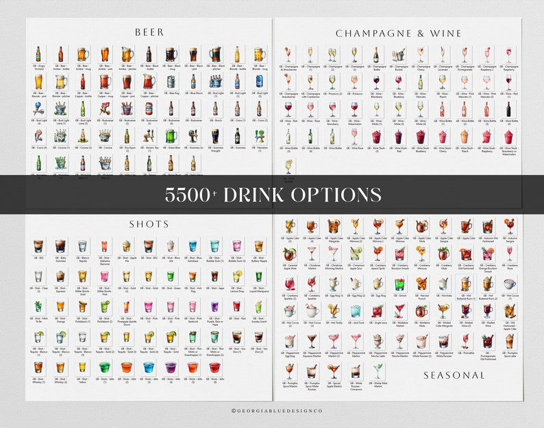 May include: A chart with over 5,500 drink options, including beer, champagne, wine, shots, and seasonal drinks. The chart is divided into sections with different categories of drinks. Each drink is represented by a small, colorful illustration.