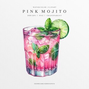 Clipart Mojito, Mojito PNG, illustration de boisson signature de mariage, graphique numérique, signe de menu de bar, cocktail rose aquarelle, boisson d'été