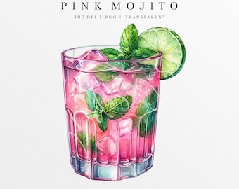 Mojito Clipart, Mojito PNG, Wedding Signature Drink Illustration, Digital Graphic, Bar Menu Sign, Watercolor Pink Cocktail, Summer Beverage
