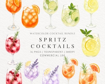 Watercolor Spritz Cocktail Bundle, Aperol, Limoncello, Lavender Spritz PNGs (Digital Download)