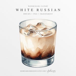 Clipart PNG White Russian, Illustrazione di drink con firma per matrimonio, Grafica digitale, Segno del menu del bar, Cocktail di vodka ad acquerello, Bevanda autunnale