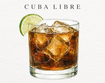 Watercolor Cuba Libre Cocktail Clipart, Rum Drink PNG (Commercial Use)