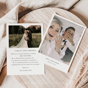 May include: Two wedding thank you cards with photos of the bride and groom. The first card has a photo of the couple kissing in a field. The second card has a photo of the couple in a car, the bride is showing off her ring and the groom is covering his face with his hands. Both cards have the text "Best Day Ever!" and "Thank you so much for making our wedding the best day ever!"