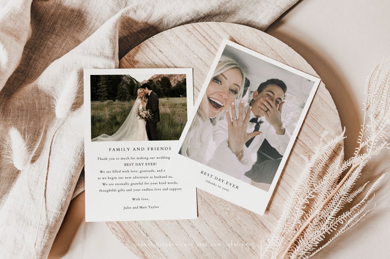May include: Two wedding thank you cards with photos of the bride and groom. The first card has a photo of the couple kissing in a field. The second card has a photo of the couple in a car, the bride is showing off her ring and the groom is covering his face with his hands. Both cards have the text "Best Day Ever!" and "Thank you so much for making our wedding the best day ever!"