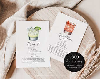 Mall för cocktailreceptkort, redigerbara receptkort, utskrivbara receptkort, mall för cocktailrecept, akvarellcocktails, inflyttningsfest