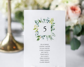 May include: Table number five with a green and white floral design. The names Delia Banks, Lindsay Carter, Dylan Carter, Corey Hudson, Amy Smith, Edwin Smith, Jim Clancy, Eden Gordon, Owen Grady, and Claire Dreary are listed below the table number.