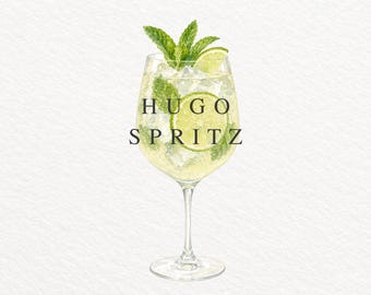 Hugo Spritz PNG, Watercolor Cocktail Illustration, Elderflower Spritz Clipart, Summer Drink, Commercial Use