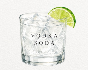 Watercolor Vodka Soda Cocktail PNG, Signature Drink Illustration (Digital File)