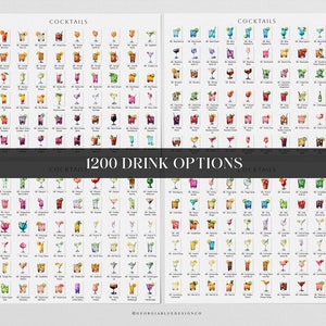 Op de afbeelding: Een grafiek met 1200 drankopties, met aquarel illustraties van cocktails. De grafiek is verdeeld in secties met de titel "Cocktails" en bevat namen en beschrijvingen van elk drankje.