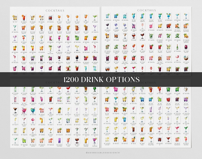 Op de afbeelding: Een grafiek met 1200 drankopties, met aquarel illustraties van cocktails. De grafiek is verdeeld in secties met de titel "Cocktails" en bevat namen en beschrijvingen van elk drankje.