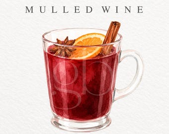 Mulled Wine PNG, Watercolor Hot Wine Illustration, Winter Holiday Drink Clipart, Commercial Use