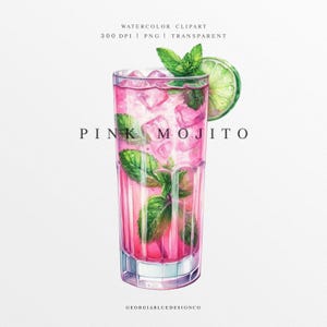 Clipart Mojito, Mojito PNG, illustration de boisson signature de mariage, graphique numérique, signe de menu de bar, cocktail rose aquarelle, boisson d'été