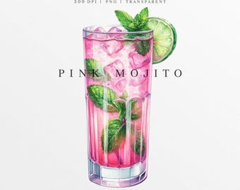 Mojito Clipart, Mojito PNG, Wedding Signature Drink Illustration, Digital Graphic, Bar Menu Sign, Watercolor Pink Cocktail, Summer Beverage