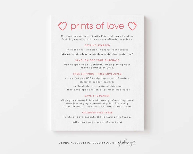 May include: Pink and white graphic with the text "prints of love" and information about a partnership with Prints of Love to offer fast, high quality prints at affordable prices.  The graphic includes information about free shipping, free envelopes, and a 10% discount code.  The graphic also includes information about accepted file types.