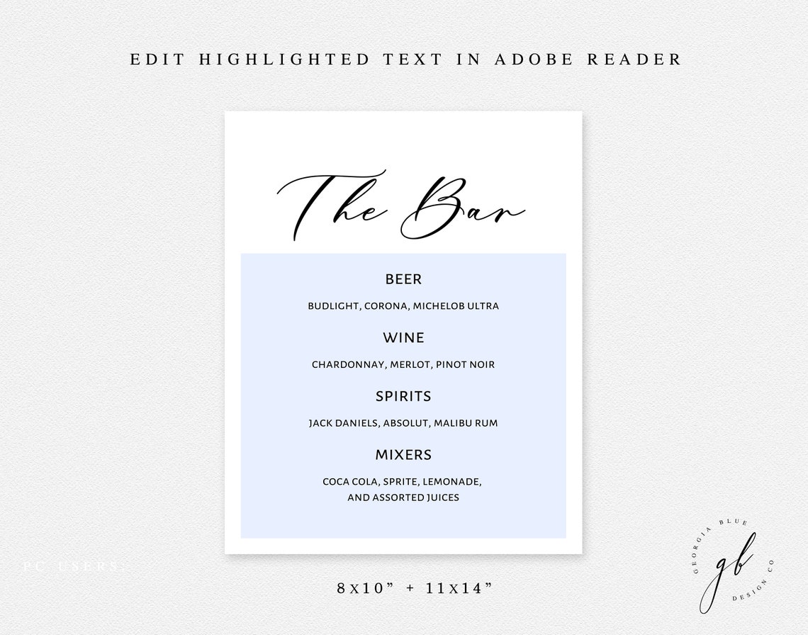 Printable Bar Menu Bar Menu Template Open Bar Printable Etsy Canada