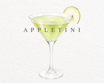 Appletini PNG, Watercolor Cocktail Illustration, Apple Martini Clipart, Green Vodka Drink, Commercial Use