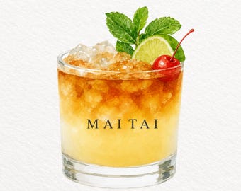 Mai Tai PNG, Watercolor Tropical Cocktail Illustration, Rum Drink Clipart, Tiki Bar Graphic, Commercial Use