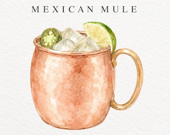 Watercolor Mexican Mule Cocktail Clipart, Tequila Mule Illustration (PNG)