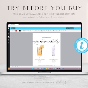 May include: A laptop screen displaying a digital mockup of a printable sign for signature cocktails. The sign features a watercolor illustration of two cocktails, one with a lemon slice and the other with a lavender sprig. The text on the sign reads "signature cocktails". The text "Edit with Template" is displayed in a blue circle with a white letter "t" in the center.