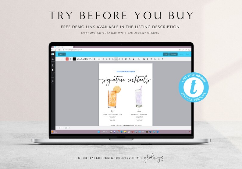 May include: A laptop screen displaying a digital mockup of a printable sign for signature cocktails. The sign features a watercolor illustration of two cocktails, one with a lemon slice and the other with a lavender sprig. The text on the sign reads "signature cocktails". The text "Edit with Template" is displayed in a blue circle with a white letter "t" in the center.
