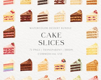Watercolor Cake Slice Bundle, 72 Dessert PNGs, Bakery Graphics (Digital Download)