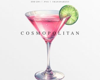 Cosmopolitan Clipart PNG, Wedding Signature Drink Illustration, Digital Graphic, Bar Menu Sign, Watercolor Cosmopolitan Cocktail, Pink Cosmo
