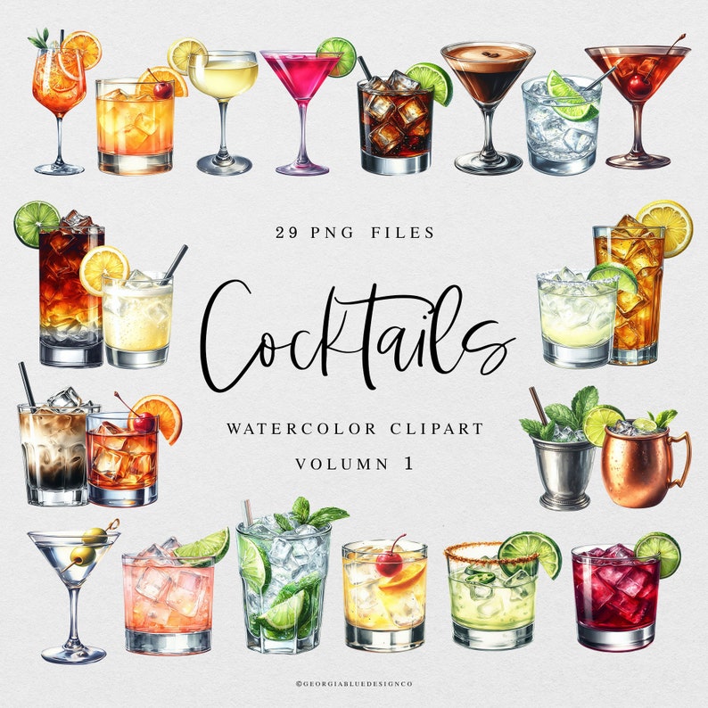 May include: A set of 29 watercolor illustrations of cocktails. The illustrations are in a variety of styles, including classic, modern, and tropical. The cocktails are all depicted in a realistic style, with detailed brushstrokes and vibrant colors. The set includes a variety of popular cocktails, such as margaritas, mojitos, and cosmopolitans. The illustrations are perfect for use in a variety of projects, such as websites, social media, and print materials.