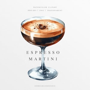Clipart de Martini Espresso, Martini PNG, Ilustração de Bebida de Assinatura de Casamento, Gráfico Digital, Placa de Menu de Bar, Coquetel de Café em Aquarela