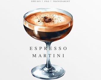 Espresso Martini Clipart, Martini PNG, Wedding Signature Drink Illustration, Digital Graphic, Bar Menu Sign, Watercolor Coffee Cocktail