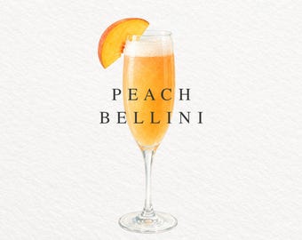 Peach Bellini Watercolor Clipart, Champagne Cocktail PNG, Brunch Illustration (Commercial Use)