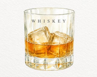 Whiskey PNG, Watercolor Bourbon Illustration, Rocks Glass Clipart, Bar Cart Drink Graphic, Commercial Use