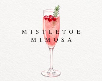 Mistletoe Mimosa Cocktail Watercolor Clipart, Christmas Mimosa PNG, Holiday Champagne Drink Illustration