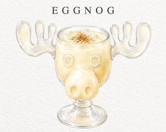 Moose Mug Eggnog Watercolor Clipart, Christmas Eggnog Cocktail PNG, Holiday Drink Illustration