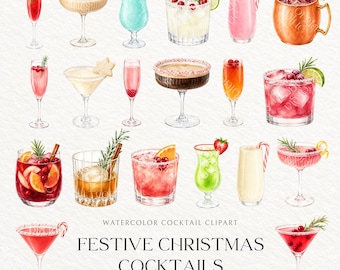 Watercolor Christmas Cocktail Clipart Bundle, Festive Bar Menu PNGs (Commercial Use)