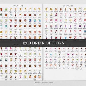 Op de afbeelding: Een printbare kaart met 1200 drankopties, met aquarel illustraties van cocktails en martinis. De kaart is verdeeld in twee secties, een voor cocktails en een voor martinis. Elke drank is gelabeld met de naam.
