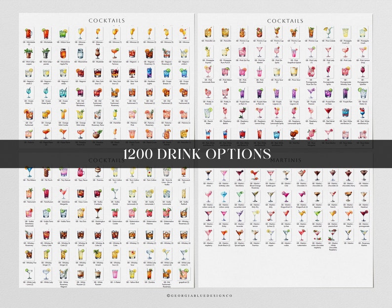 Op de afbeelding: Een printbare kaart met 1200 drankopties, met aquarel illustraties van cocktails en martinis. De kaart is verdeeld in twee secties, een voor cocktails en een voor martinis. Elke drank is gelabeld met de naam.