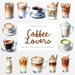 Conjunto de clipart de café, ilustrações de café em aquarela, gráficos de hora do café, amantes de café gelado PNG, bebidas quentes, bebidas de outono e inverno