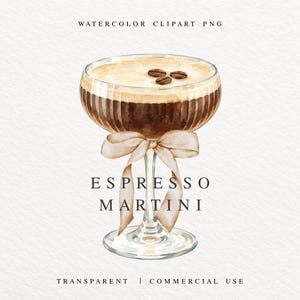 Peut inclure: Une illustration à l'aquarelle d'un espresso martini dans une coupe côtelée, surmontée de trois grains de café et ornée d'un ruban beige noué autour du pied. Le texte indique WATERCOLOR CLIPART PNG, ESPRESSO MARTINI, TRANSPARENT | COMMERCIAL USE.