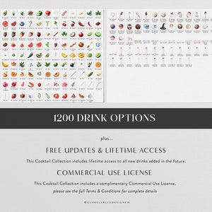 Op de afbeelding: Een digitale illustratie van 1200 drankopties, met een verscheidenheid aan kleurrijke vruchten, groenten en andere ingredi&euml;nten. De afbeelding bevat tekst die zegt "1200 drankopties", "Gratis updates & levenslange toegang" en "Commerci&euml;le gebruikslicentie".