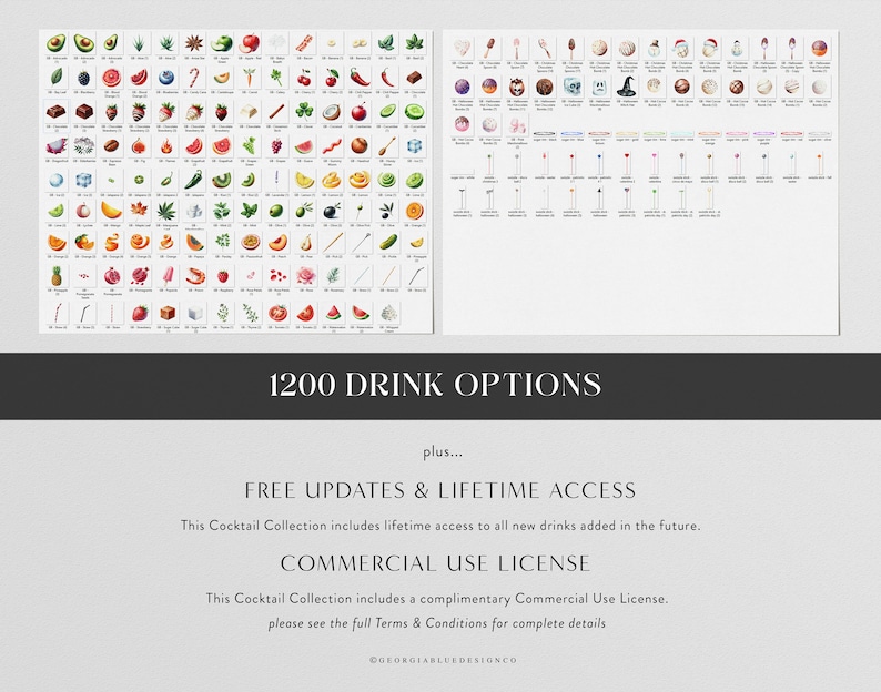 Op de afbeelding: Een digitale illustratie van 1200 drankopties, met een verscheidenheid aan kleurrijke vruchten, groenten en andere ingredi&euml;nten. De afbeelding bevat tekst die zegt "1200 drankopties", "Gratis updates & levenslange toegang" en "Commerci&euml;le gebruikslicentie".