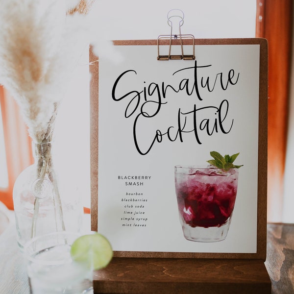 Printable Signature Cocktails Sign | Editable Signature Cocktails Template | Printable Bar Menu Sign Template | Signature Drinks Sign | MN23