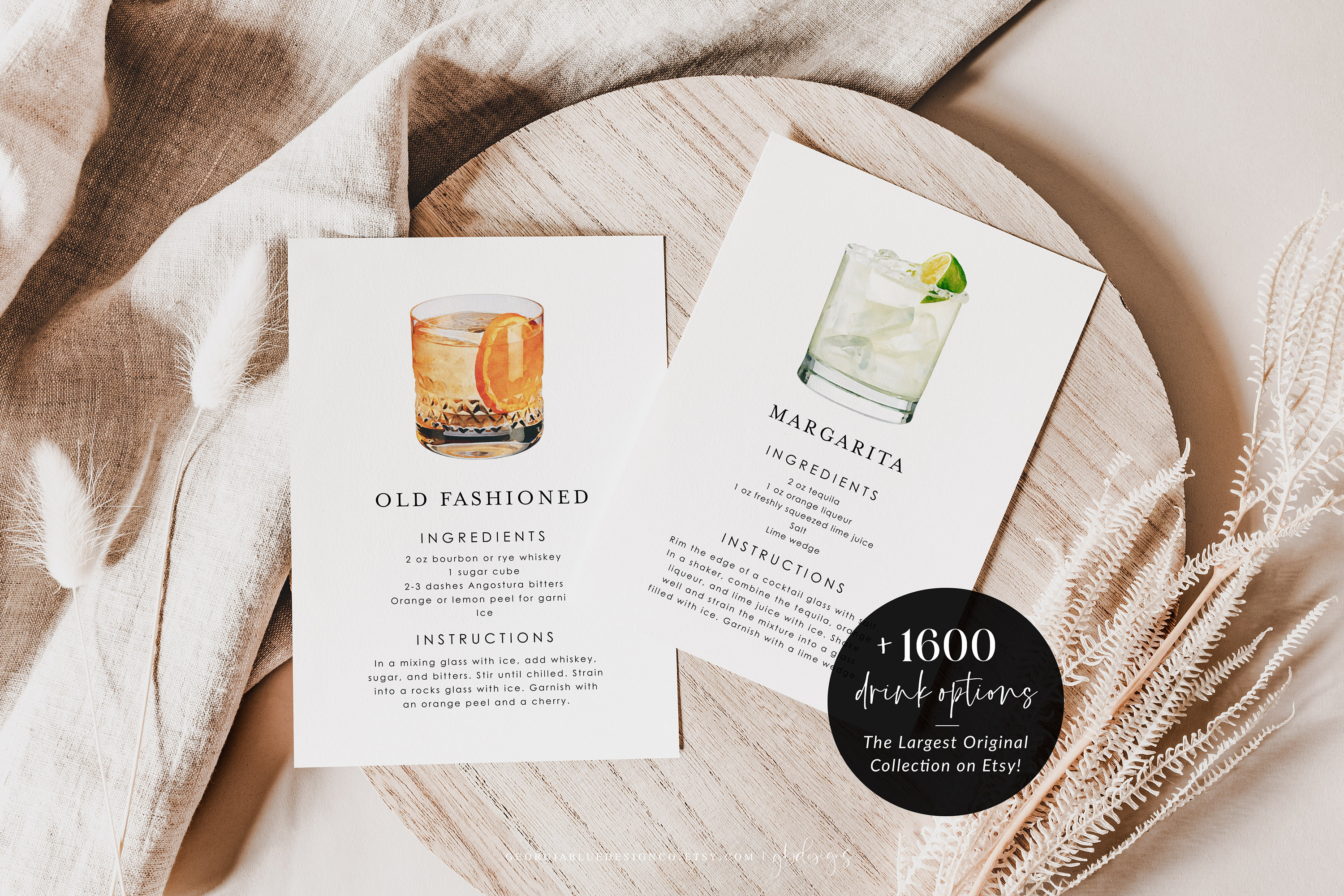 Watercolor Cocktail Recipe Cards: Editable Printable Template