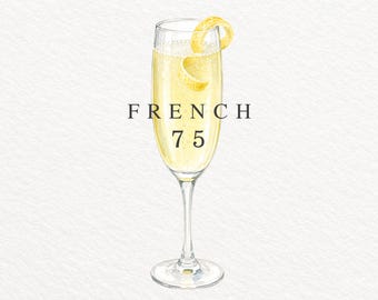 French 75 PNG, Watercolor Cocktail Illustration, Champagne Gin Drink Clipart, Classic Cocktail, Commercial Use