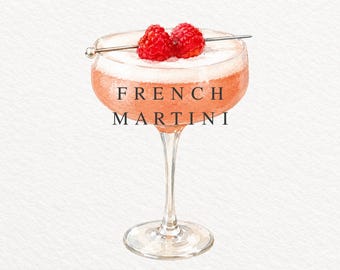 Watercolor French Martini Clipart, Pink Raspberry Cocktail Illustration (PNG)