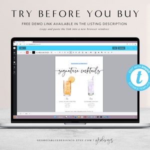 May include: A laptop screen displaying a digital mockup of a printable sign for signature cocktails. The sign features a watercolor illustration of two cocktails, one with a lemon slice and the other with lavender. The text on the sign reads "Signature Cocktails". The text "Edit with Template" is displayed in a blue circle with a white letter "t" in the center.