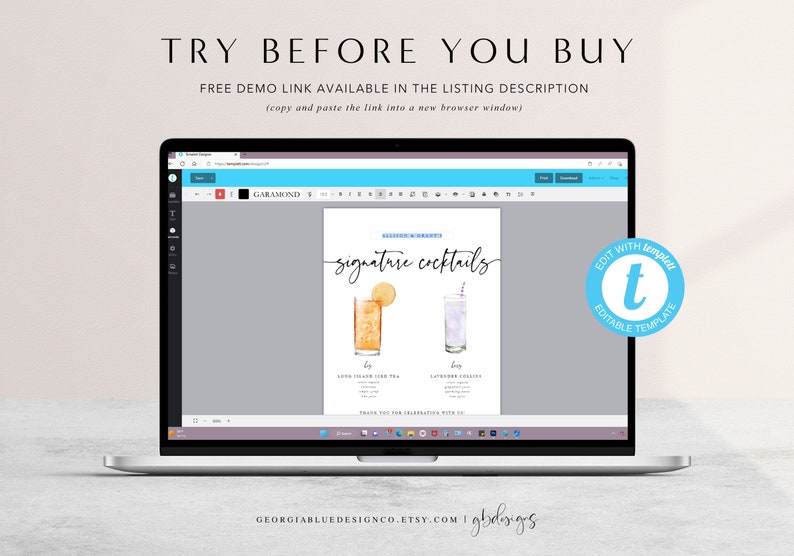 May include: A laptop screen displaying a digital mockup of a printable sign for signature cocktails. The sign features a watercolor illustration of two cocktails, one with a lemon slice and the other with lavender. The text on the sign reads "Signature Cocktails". The text "Edit with Template" is displayed in a blue circle with a white letter "t" in the center.