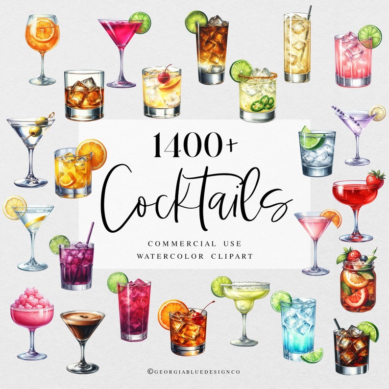 Op de afbeelding: Een verzameling van meer dan 1400 aquarel illustraties van cocktails. De illustraties zijn in verschillende kleuren en stijlen en omvatten een verscheidenheid aan verschillende cocktails. De tekst "1400+ Cocktails" is geschreven in een decoratief lettertype. De tekst "Commercieel gebruik Aquarel Clipart" is geschreven onder de titel. De tekst "@georgia blue design co" is geschreven onderaan de afbeelding.